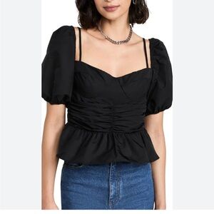 Wayf Black Puff Sleeve Sweetheart Neck Peplum Top